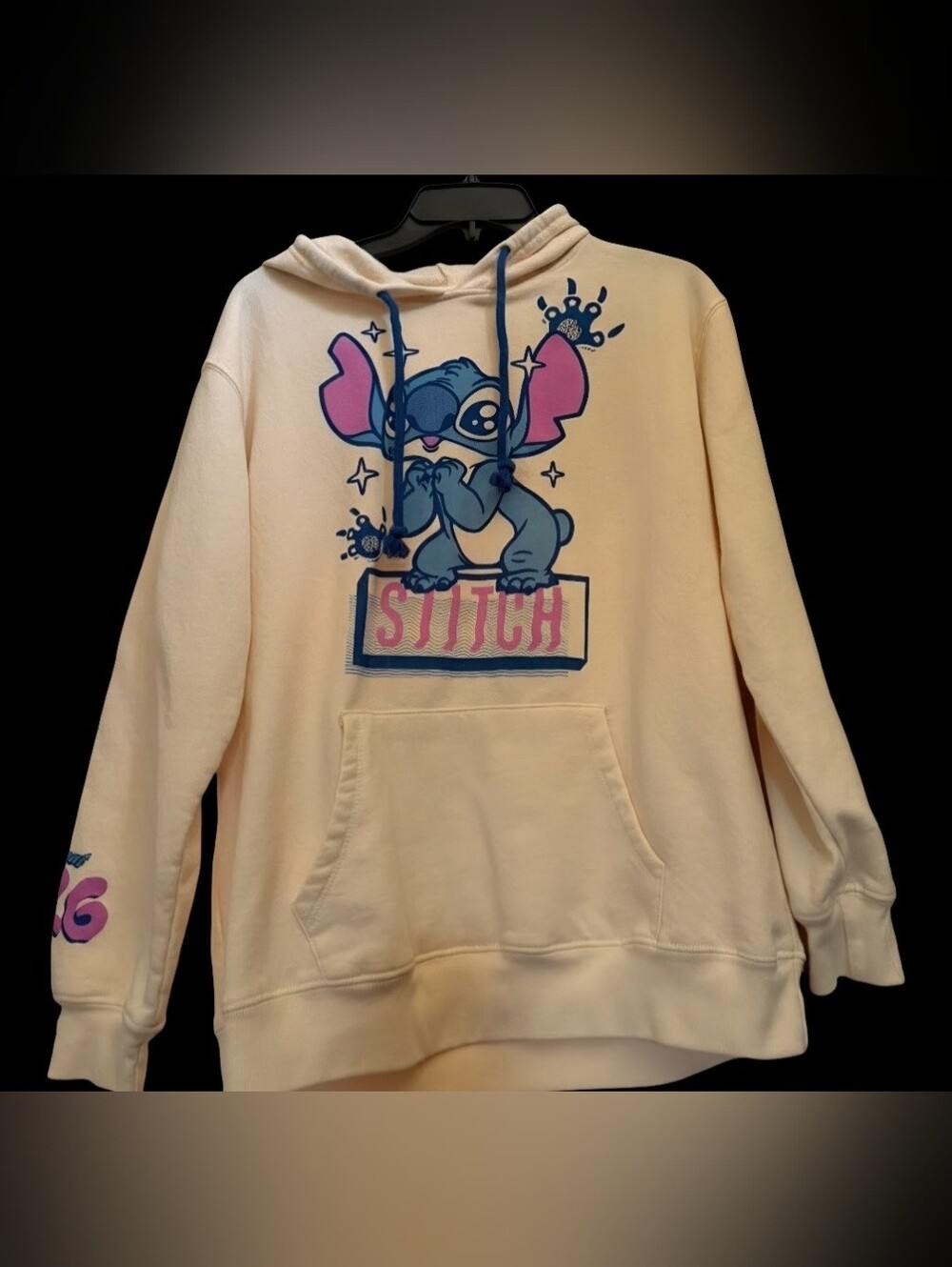 Stitch Graphic Cream Hoodie Sweater - Cute Blue & Pink Print Junior Large.